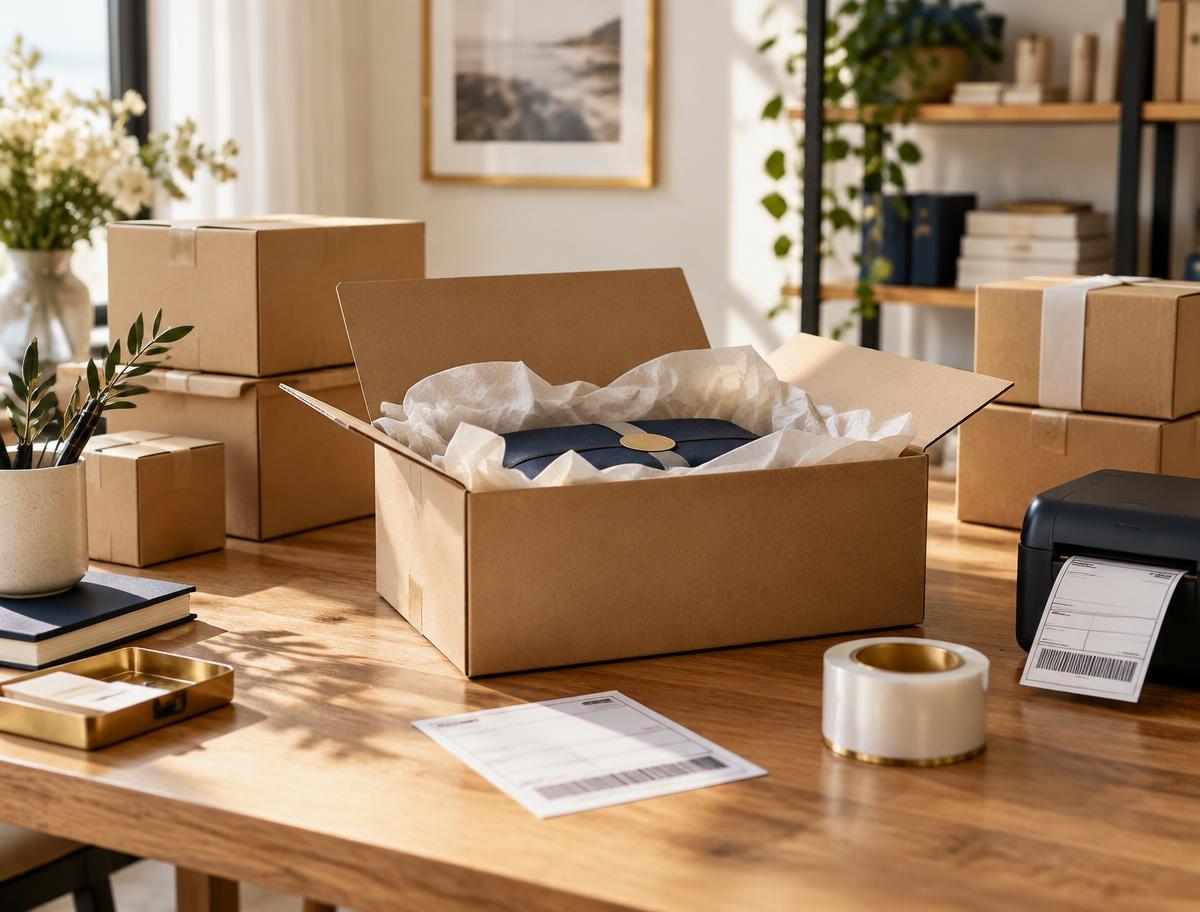 Small business packing desk with boxes and shipping labels